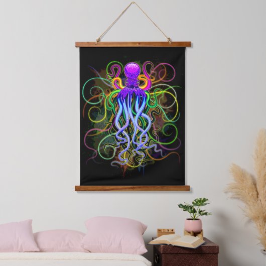 Oktopus Psychedelische Lumineszenz Wandteppich Mit Holzrahmen (Schlafzimmer)