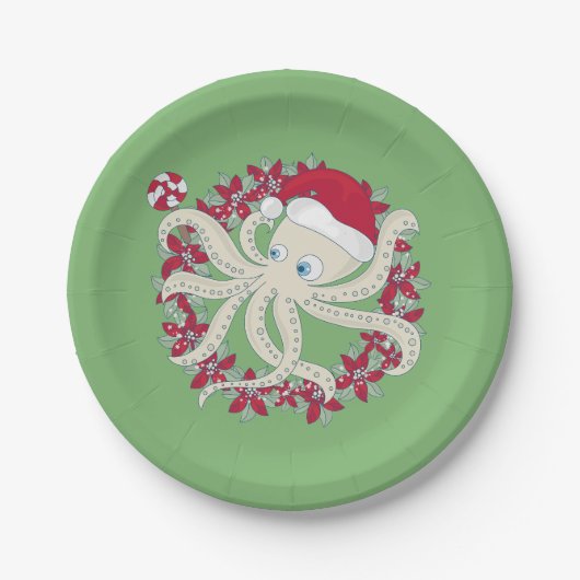 Oktopus santa-Kranz-Wüstenpoinsettie Pappteller (Vorderseite)