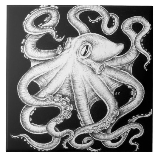 Oktopus Schwarz-Weiß-Tinte Fliese (Vorderseite)