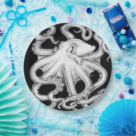 Oktopus Schwarz-Weiß-Tinte Pappteller (Party)