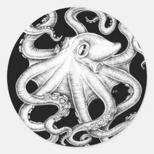 Oktopus Schwarz-Weiß-Tinte Runder Aufkleber