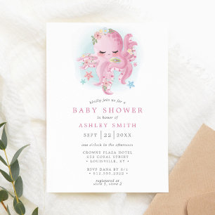 Oktopus Süß Rosa Aquarell Mädchen Baby Shower Einladung