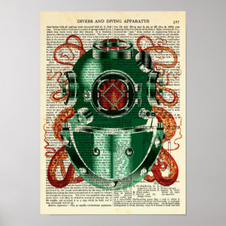 Oktopus Tragen eines Tauchhelms Vintage Neugier Poster