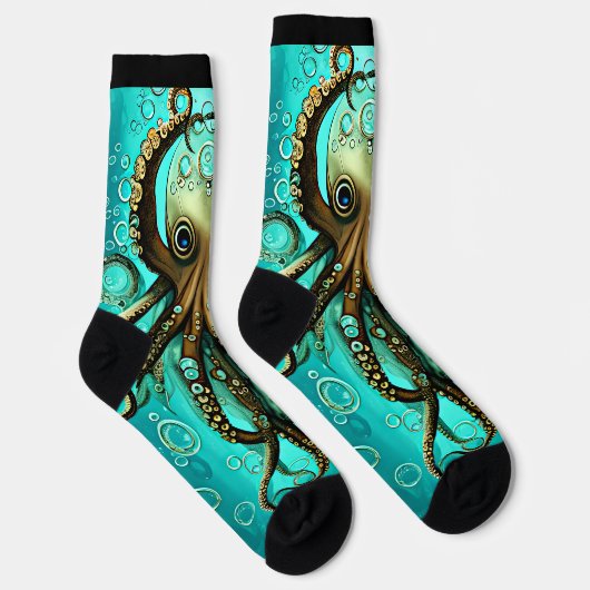 Oktopus und Blasen im Wasser auf schwarzen Socken (Rechts)