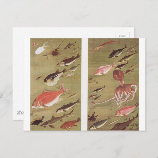 Oktopus und Fisch von Ito Jakuchu Postkarte (Vorne/Hinten)