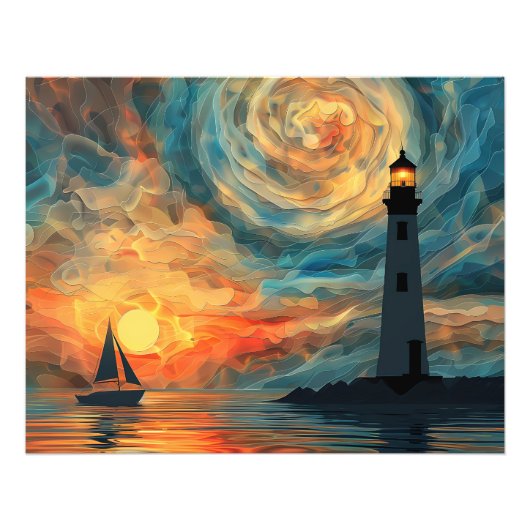 Öl Paint Sunset Lighthouse Fotodruck (Vorne)
