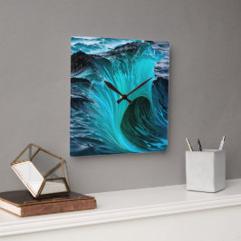 "Ola Tiburón" Blaue Haifischwelle Quadratische Wanduhr