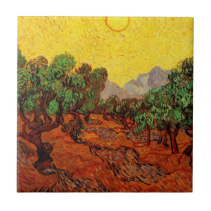 Ölbäume von Van Gogh mit gelbem Himmel und Sonne Fliese