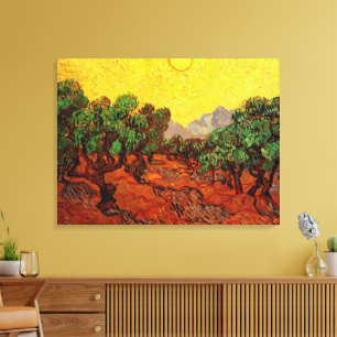 Ölbäume von Van Gogh mit gelbem Himmel und Sonne Leinwanddruck
