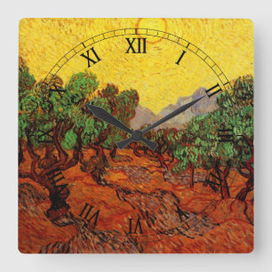 Ölbäume von Van Gogh mit gelbem Himmel und Sonne Quadratische Wanduhr