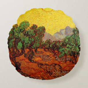 Ölbäume von Van Gogh mit gelbem Himmel und Sonne Rundes Kissen