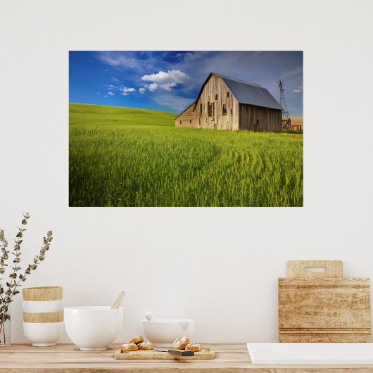 Old Barn in Field of Spring Wheat Poster (Küche)