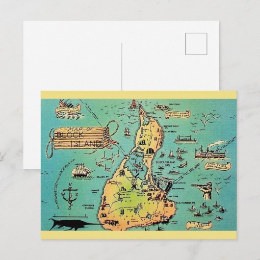 Old Block Island Map Postkarte (Vorne/Hinten)