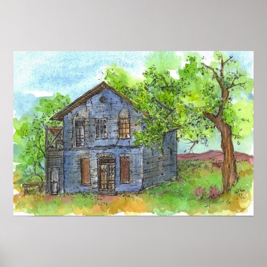 Old Blue House Pen and Ink Zeichnend Aquarell Poster (Vorne)