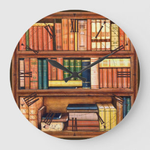 Old Books Library Bookshelf Roman Wall Clock Große Wanduhr