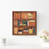 Old Books Library Bookshelf Wall Clock Quadratische Wanduhr (Zuhause)