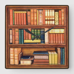 Old Books Library Bookshelf Wall Clock Quadratische Wanduhr