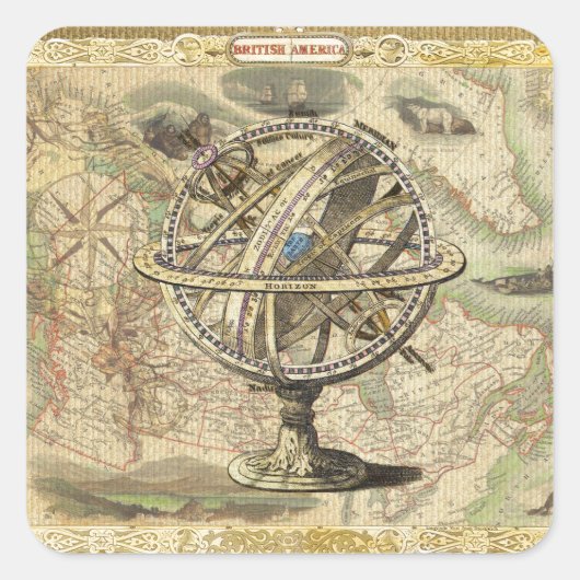 Old British America Explare Polar Bear Compass Map Quadratischer Aufkleber (Vorderseite)