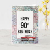 Old Car auf Road Map 90. Geburtstag Karte (Gelbe Blume)