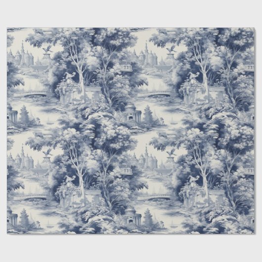 Old Castle Modern Blue Toile de Jouy Muster Geschenkpapier (Flach)