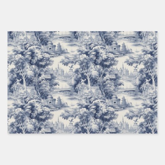 Old Castle Modern Blue Toile de Jouy Muster Geschenkpapier Set (Vorderseite)
