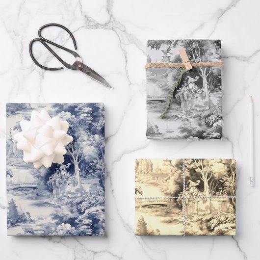 Old Castle Modern Blue Toile de Jouy Muster Geschenkpapier Set (Vorderseite)