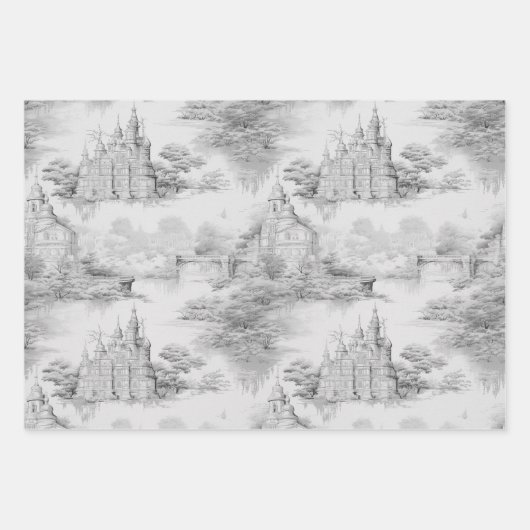Old Castle Modern Red Toile de Jouy Muster Geschenkpapier Set (Vorderseite 2)