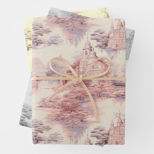 Old Castle Modern Red Toile de Jouy Muster Geschenkpapier Set (Beispiel)