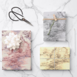 Old Castle Modern Red Toile de Jouy Muster Geschenkpapier Set