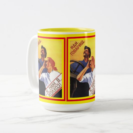 Old Classic 1939 sowjetisches Poster Comrade Zweifarbige Tasse (Vorderseite Links)