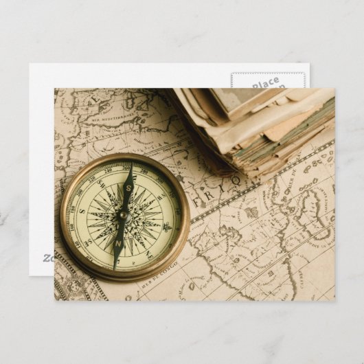 Old Compass Over Ancient Map Postkarte (Vorne/Hinten)