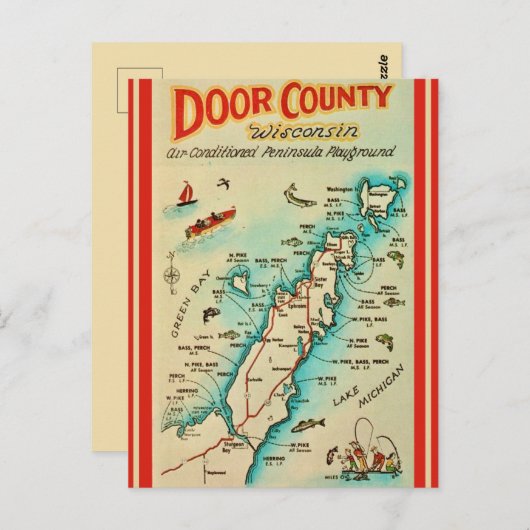 Old Door Landkreis Fishing Map Postkarte (Vorne/Hinten)