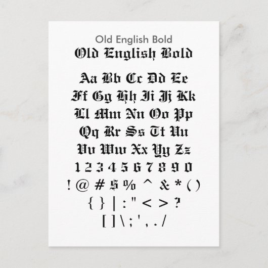 Old English Bold - Zazzle Schriftart Sampler Sheet Postkarte (Vorderseite)