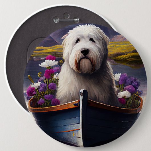 Old English Sheepdog auf Paddle: Ein Landschaftlic Button (Vorne & Hinten)