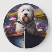 Old English Sheepdog auf Paddle: Ein Landschaftlic Große Wanduhr (Vorderseite)
