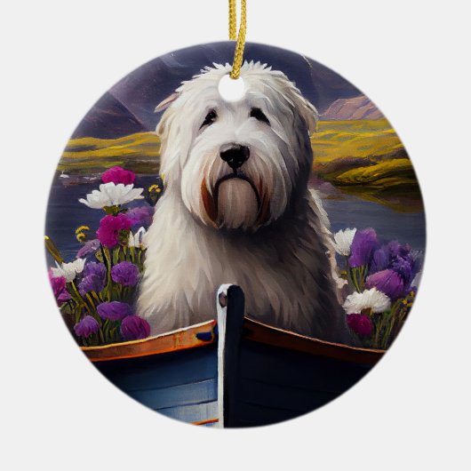 Old English Sheepdog auf Paddle: Ein Landschaftlic Keramik Ornament (Vorne)