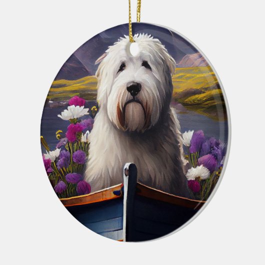 Old English Sheepdog auf Paddle: Ein Landschaftlic Keramik Ornament (Links)