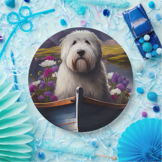 Old English Sheepdog auf Paddle: Ein Landschaftlic Pappteller (Party)