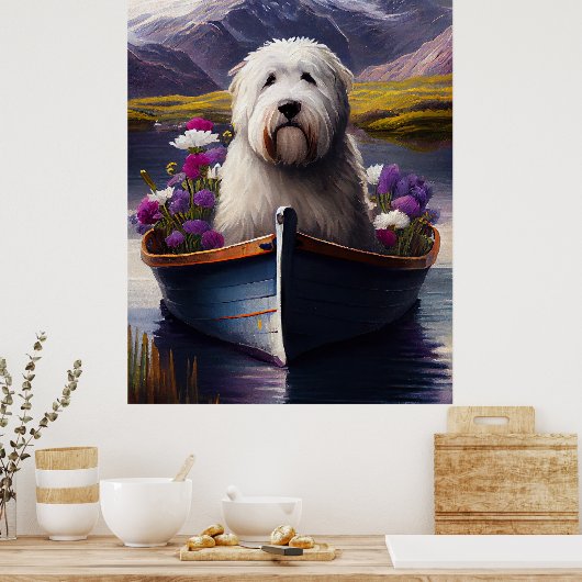 Old English Sheepdog auf Paddle: Ein Landschaftlic Poster (Küche)