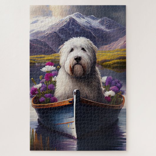 Old English Sheepdog auf Paddle: Ein Landschaftlic Puzzle (Vertikal)