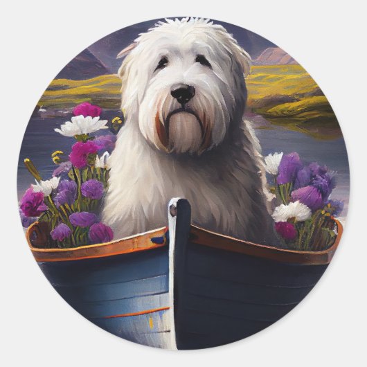 Old English Sheepdog auf Paddle: Ein Landschaftlic Runder Aufkleber (Vorderseite)