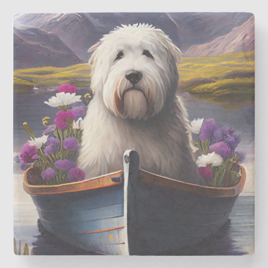 Old English Sheepdog auf Paddle: Ein Landschaftlic Steinuntersetzer (Vorderseite)