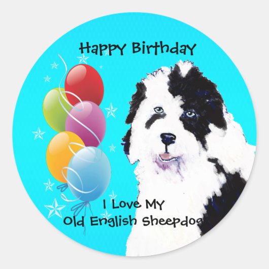 Old English Sheepdog - Birthday Balloon Glossy Runder Aufkleber (Vorderseite)