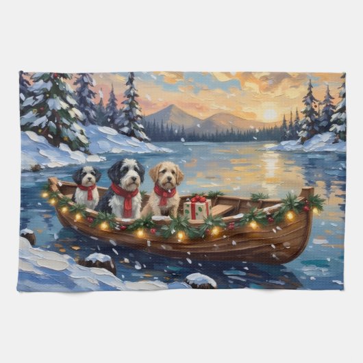 Old English Sheepdog Christmas Boat Holiday Geschirrtuch (Horizontal)