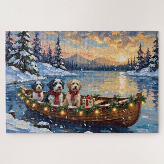 Old English Sheepdog Christmas Boat Holiday Puzzle (Horizontal)