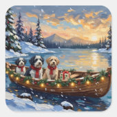 Old English Sheepdog Christmas Boat Holiday Quadratischer Aufkleber (Vorderseite)