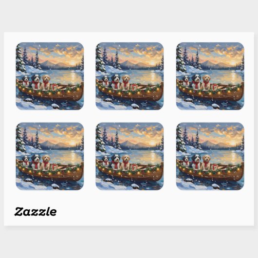Old English Sheepdog Christmas Boat Holiday Quadratischer Aufkleber (Blatt)