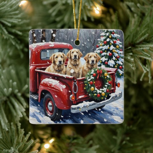 Old English Sheepdog Christmas Red Truck Holiday Keramikornament (Baum)