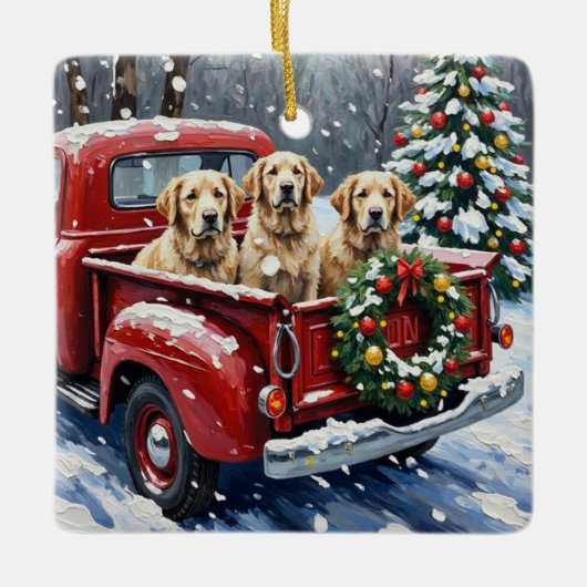 Old English Sheepdog Christmas Red Truck Holiday Keramikornament (Vorderseite)