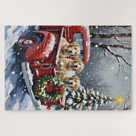 Old English Sheepdog Christmas Red Truck Holiday Puzzle (Horizontal)